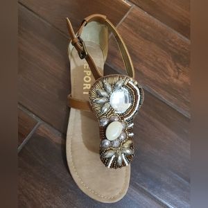 Report Tan Beaded T-Strap Sandal with Jewel Embellishment